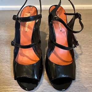 Via Spiga Black Patent Mary Jane Heels with Open Toe